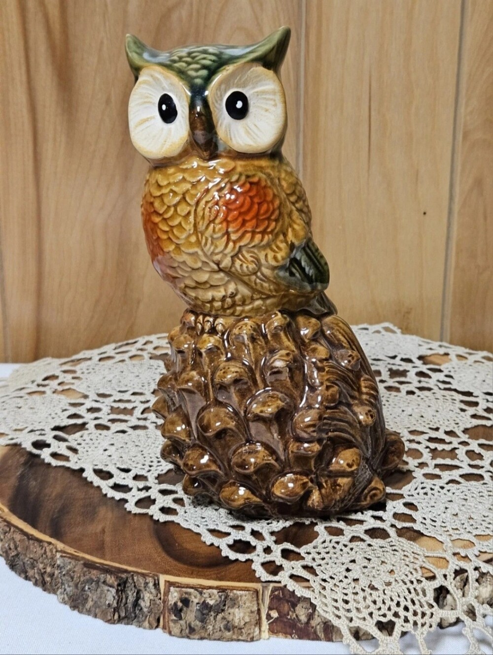 New Pier 1 Imports Ceramic Owl Figurine Perched Pinecone Glazed Fall Home Decor